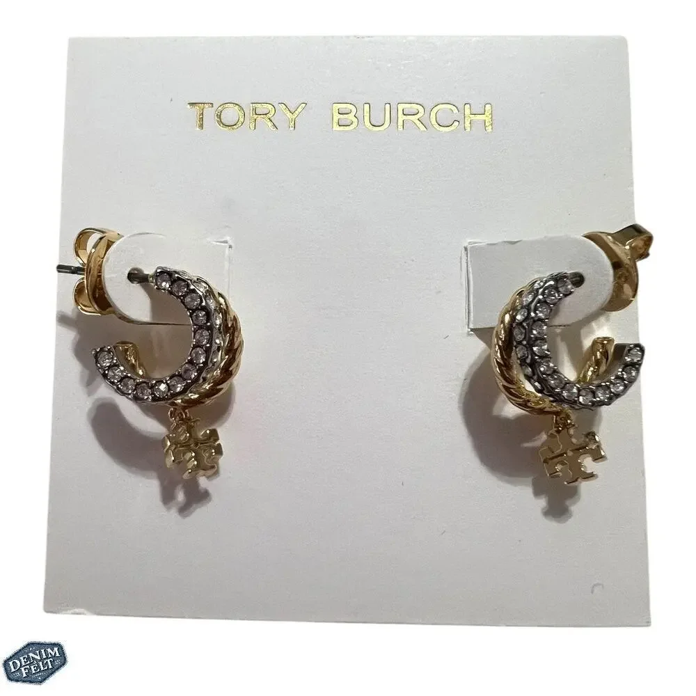 Tory‎ Burch Women’s Gold/Silver TEXTURED ROPE PAVE HUGGIE EARRINGS | NEW!!